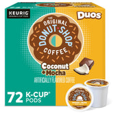 The Original Donut Shop box front showing coconut and mocha flavor, highlights convenience