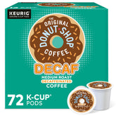 The Original Donut Shop front box showing 72-count decaf pods and convenient supply