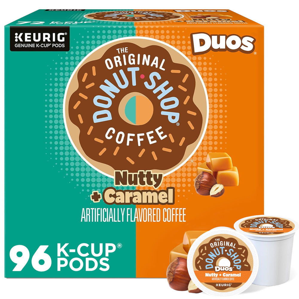 The Original Donut Shop box front showing Nutty + Caramel flavor and 96-count convenience