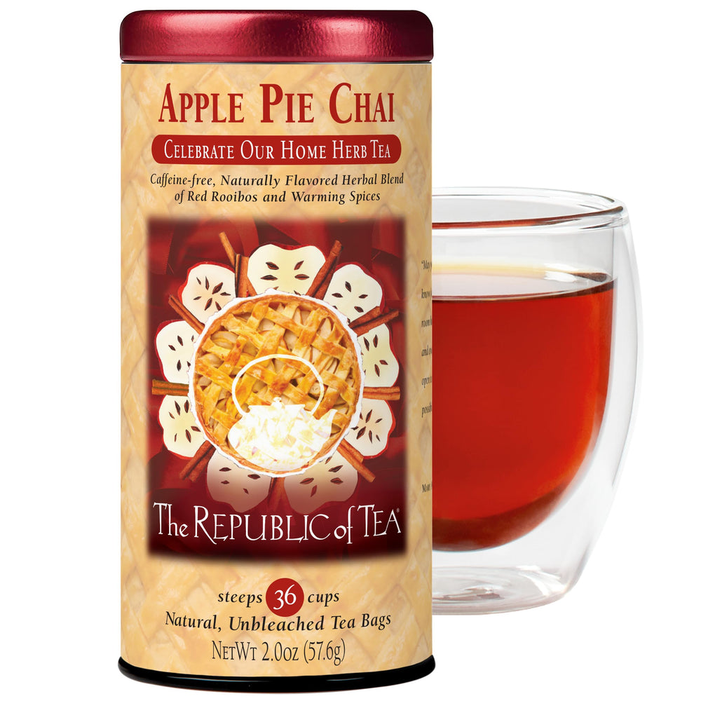 The Republic of Tea front packaging showing Apple Pie Chai benefits