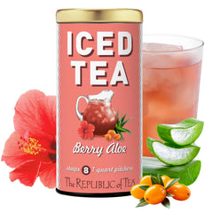 The Republic of Tea front packaging showing berry aloe iced tea for easy pitcher brewing