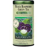 The Republic of Tea front tin showing brand and black raspberry green tea, attractive packaging benefit
