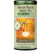The Republic of Tea box front showing branding and peach ginger flavor benefits