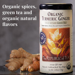The Republic of Tea brewed cup steaming golden infusion, showcases vibrant color and clarity