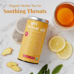 Steaming cup of brewed Get Throat Aid tea by The Republic of Tea offering warming comfort