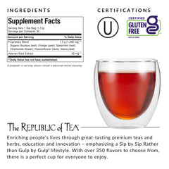 The Republic of Tea brewed cup steaming to highlight soothing evening use