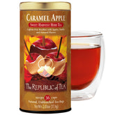 The Republic of Tea tin front showing caramel apple rooibos and freshness