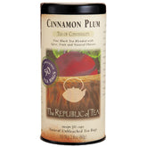 The Republic of Tea tin front showing cinnamon plum label and freshness