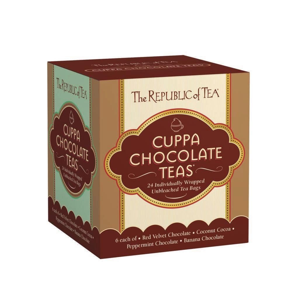 The Republic of Tea front packaging displaying 24-count box and chocolate imagery