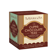 The Republic of Tea front packaging displaying 24-count box and chocolate imagery