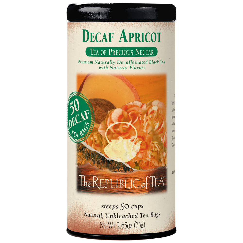 The Republic of Tea front box showing decaf apricot black tea—clear product identity and benefit