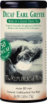 The Republic of Tea box front showing decaf Earl Greyer and bright citrus benefit