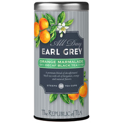 The Republic of Tea front packaging showing 36 decaf orange marmalade tea bags and convenience