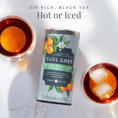 The Republic of Tea steeping cup pouring hot decaf orange marmalade tea for soothing warmth
