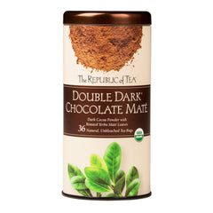 The Republic of Tea front packaging showing organic double dark chocolate maté benefits