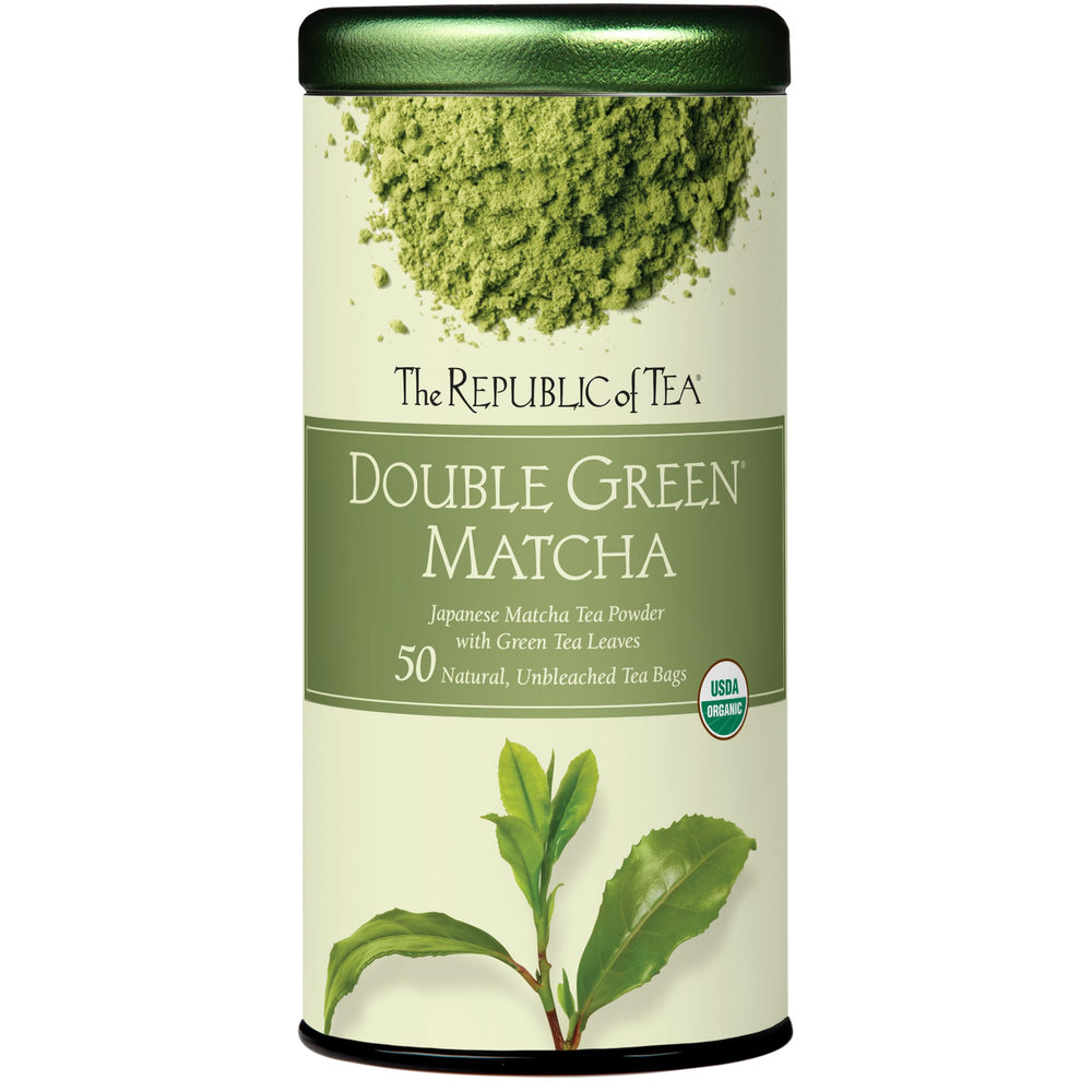 The Republic of Tea front packaging showing 50-count matcha tea bags and convenience