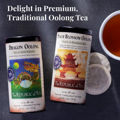 Brewed cup of The Republic of Tea Dragon Oolong offering smooth low-tannin flavor
