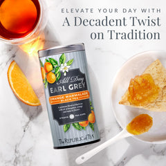The Republic of Tea dry loose blend with orange peel detail, highlighting natural citrus pieces
