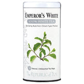 The Republic of Tea front packaging showing Emperor's white tea, clear ingredient visibility and convenience