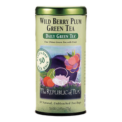 The Republic of Tea front box showing wild berry plum labeling and convenient 50-count packaging benefit
