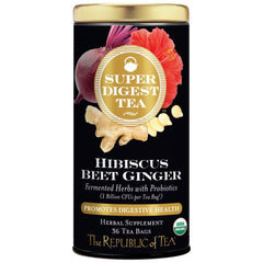 The Republic of Tea front box showing organic hibiscus beet ginger blend and package benefit