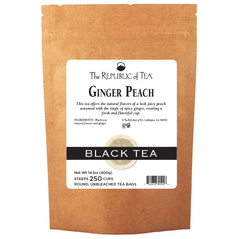 The Republic of Tea refill pack front view showing brand and peach ginger benefit