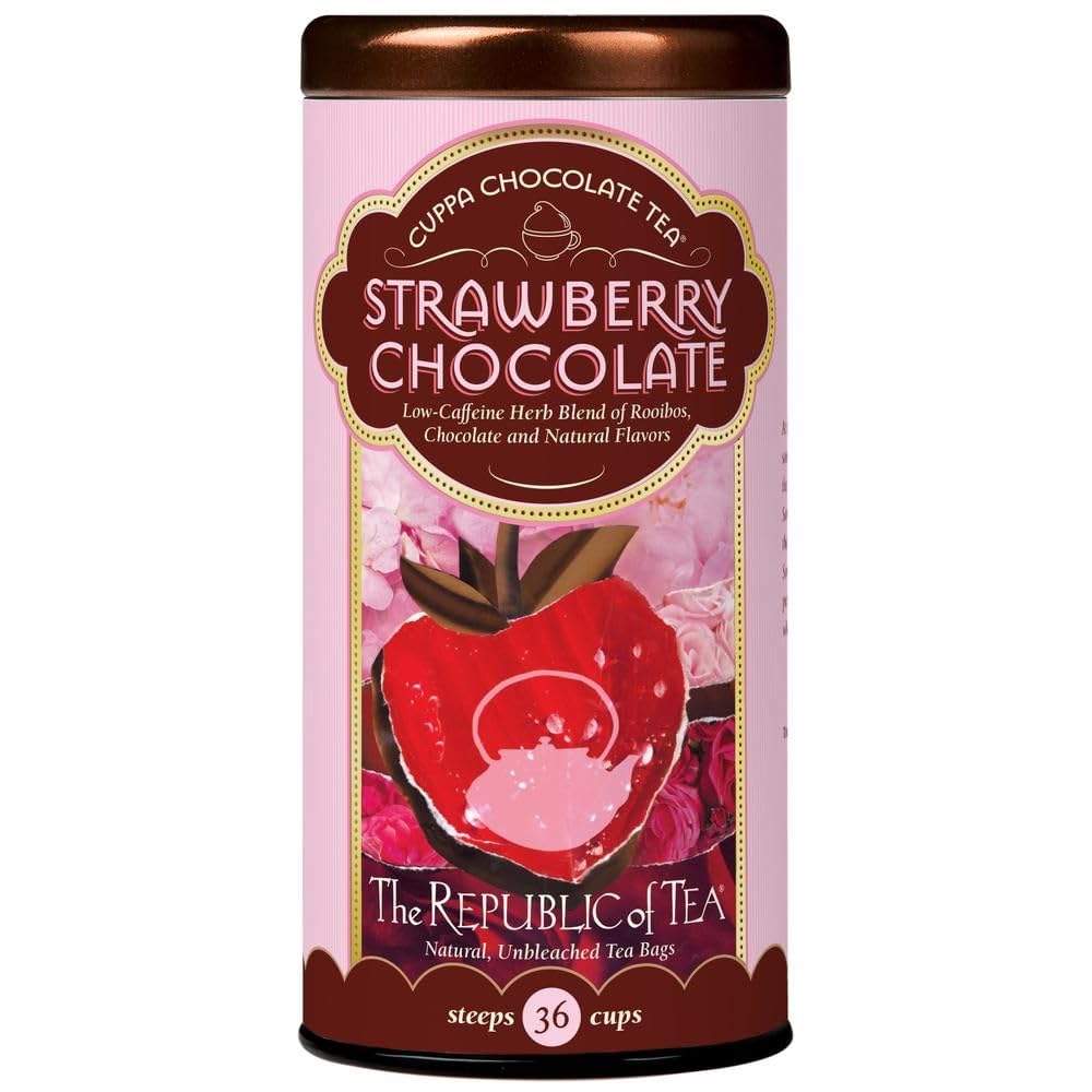 The Republic of Tea front packaging highlighting chocolate strawberry dessert blend benefit