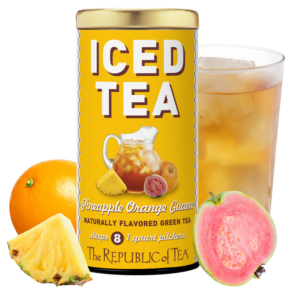 The Republic of Tea front packaging showing tropical iced green tea benefits
