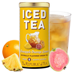 The Republic of Tea front packaging showing tropical iced green tea benefits