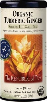 The Republic of Tea front packaging showing turmeric ginger green tea and organic seal for clarity