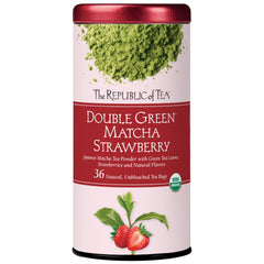 The Republic of Tea front packaging showing organic matcha strawberry benefits
