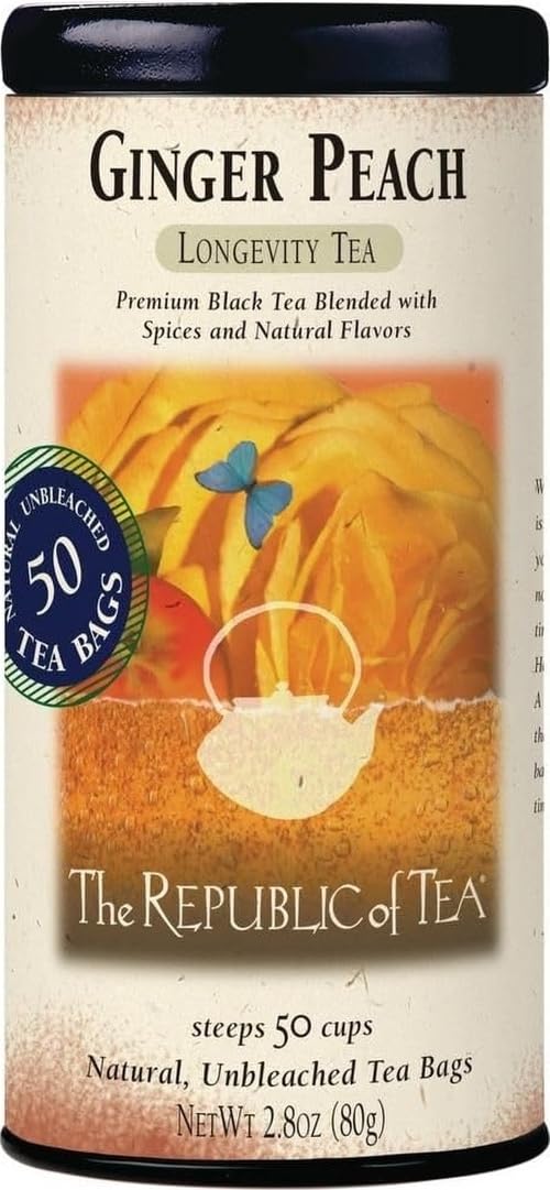 The Republic of Tea box front showcasing ginger peach black tea—clear labeling and convenience