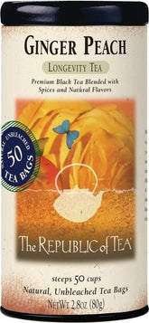 The Republic of Tea box front showcasing ginger peach black tea—clear labeling and convenience