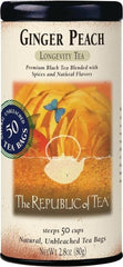 The Republic of Tea box front showcasing ginger peach black tea—clear labeling and convenience