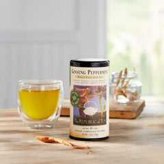 The Republic of Tea ginseng peppermint close-up tea bag showing blend texture and easy steeping