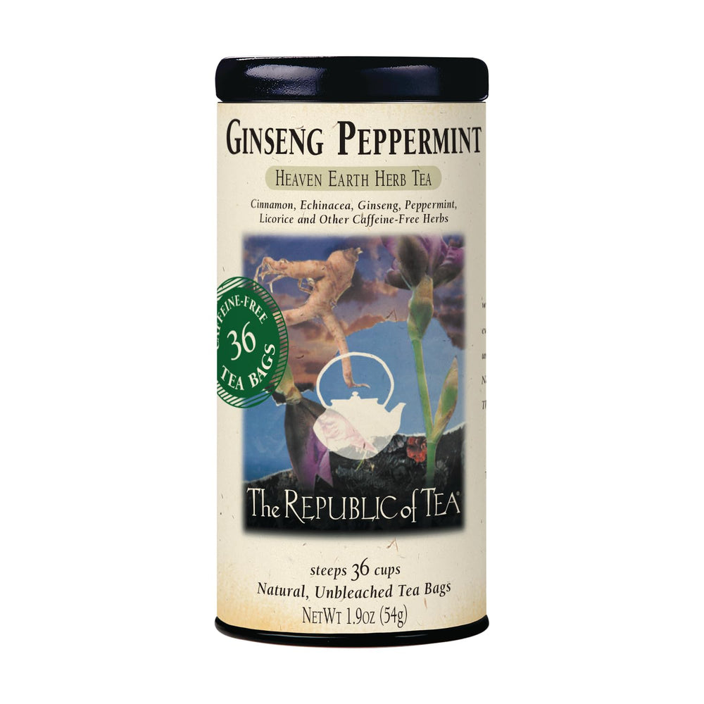 The Republic of Tea ginseng peppermint tin front showing label and 36 tea bags for fresh storage