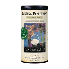 The Republic of Tea ginseng peppermint tin front showing label and 36 tea bags for fresh storage