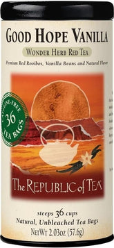 The Republic of Tea front packaging showing 36-count vanilla rooibos tea for convenience
