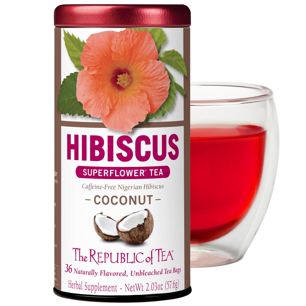 The Republic of Tea box front showing hibiscus coconut blend and serving suggestion