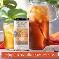 The Republic of Tea steaming cup poured hot to highlight warming peach-ginger taste