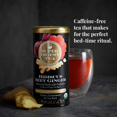 The Republic of Tea loose ingredients pile of hibiscus beet and ginger showing natural sourcing benefit