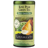 The Republic of Tea front packaging showing kiwi pear tea and clear benefit of everyday low-caffeine enjoyment