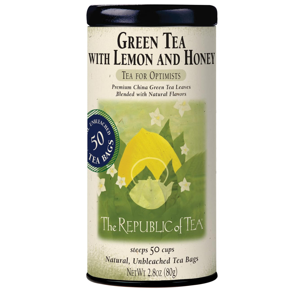 The Republic of Tea front packaging showing lemon honey green tea, clear product identity and convenience
