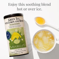 Iced pitcher of The Republic of Tea lemon honey green tea poured over ice, refreshing cold-brew benefit