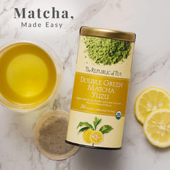 The Republic of Tea tea bag texture detail showing matcha and leaf blend benefit