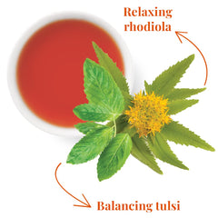 Display of tulsi, rhodiola, hibiscus and rose ingredients showing natural, organic sources