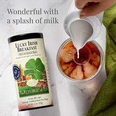 Steeped cup of The Republic of Tea Lucky Irish Breakfast delivering rich color