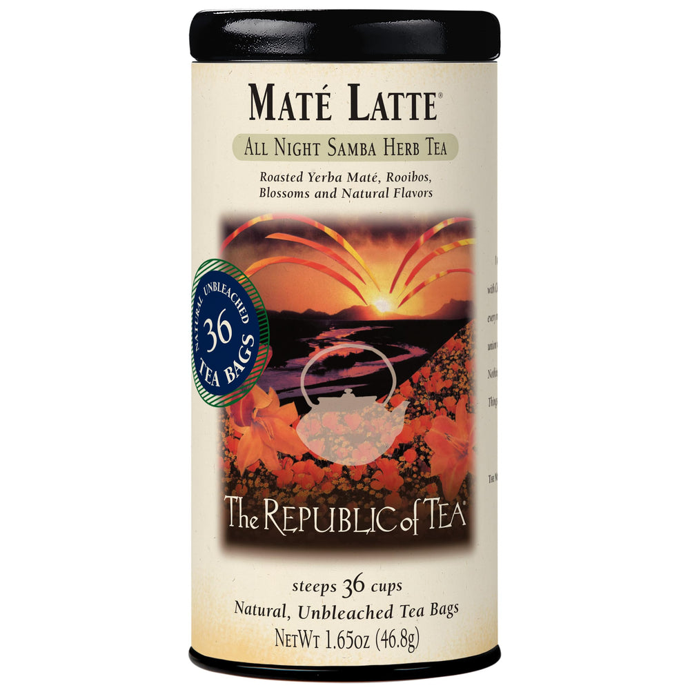 The Republic of Tea Maté Latte front packaging showing rich blend and latte suggestion
