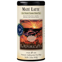 The Republic of Tea Maté Latte front packaging showing rich blend and latte suggestion
