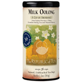 The Republic of Tea front box showing Milk Oolong tin and clear packaging benefit: easy storage
